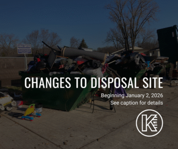 Image showing an overflowing disposal site with various items, including furniture and toys, with a text overlay announcing 'CHANGES TO DISPOSAL SITE' starting January 2, 2026.