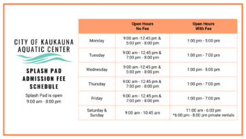 City of Kaukauna Aquatic Center splash pad admission fee schedule. Splash pad is open 9 am - 8 pm. Hours without fee: Monday to Friday, 9:00 am - 12:45 pm and 5:00 pm - 8:00 pm Monday and Wednesday and 7:00 pm - 8:00 pm Tuesday, Thursday, and Friday. Saturday and Sunday, 9:00 am - 10:45 am. Hours with fee: Monday and Wednesday, 1:00 pm - 5:00 pm. Tuesday, Thursday, and Friday 1:00 pm - 7:00 pm. Saturday and Sunday, 11:00 am - 6:00 pm, and 6:00 pm - 8:00 pm with private rentals.