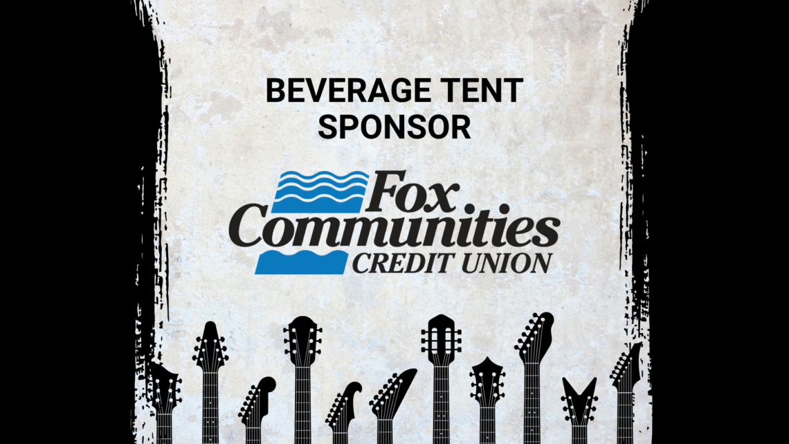 Promotional image for Electric City River Jam, a music event in Kaukauna, Wisconsin located at 100 Crooks Ave. The image features event logos, a mention of a beverage tent sponsor Fox Communities Credit Union logo, and stylized guitar necks along the bottom.