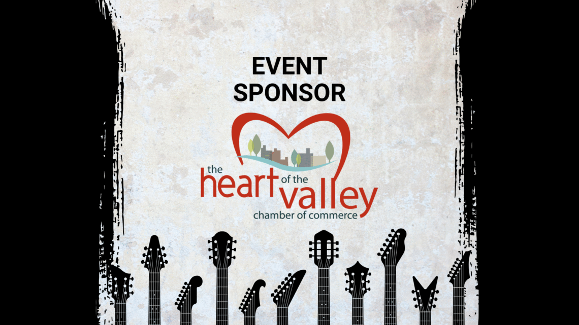 Promotional image for Electric City River Jam, a music event in Kaukauna, Wisconsin located at 100 Crooks Ave. The image features event logos, a mention of an event Sponsor The Heart of the Valley Chamber, and stylized guitar necks along the bottom.