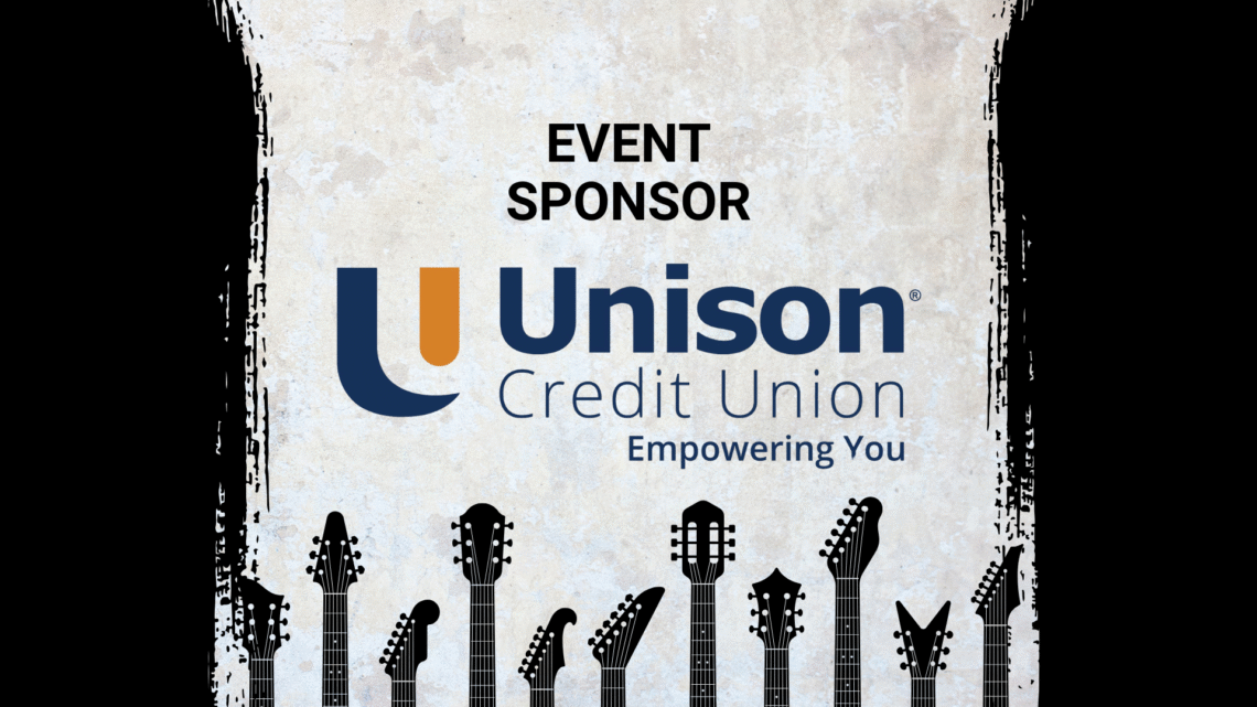 Promotional image for Electric City River Jam, a music event in Kaukauna, Wisconsin located at 100 Crooks Ave. The image features event logos, a mention of an event Sponsor Unison Credit Union, and stylized guitar necks along the bottom.