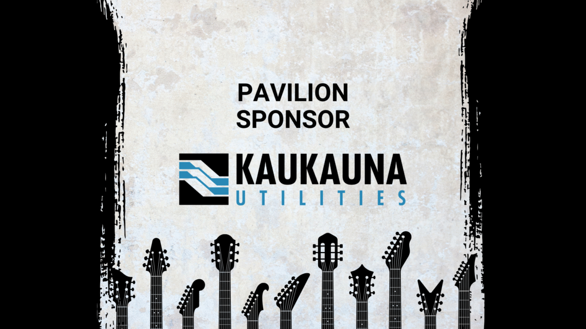 Promotional image for Electric City River Jam, a music event in Kaukauna, Wisconsin located at 100 Crooks Ave. The image features event logos, a mention of a Pavilion Sponsor, Kaukauna Utilities, and stylized guitar necks along the bottom.