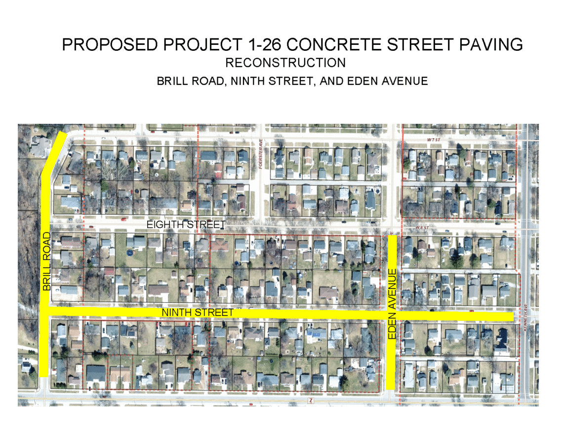 Aerial view of a neighborhood map showing streets with highlighted routes. Brill Road, Ninth Street, and Eden Avenue are marked for a proposed concrete street paving project. Eighth Street is shown but not highlighted. Residential houses are visible along the streets.
