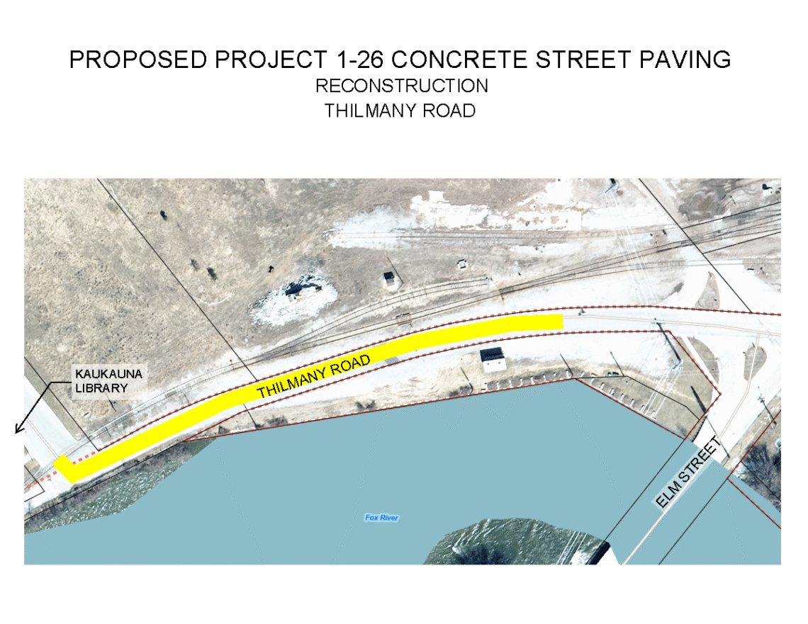 Aerial view of a proposed construction project on Thilmany Road, highlighted in yellow. The map shows its location near the Fox River, Kaukauna Library, and the intersection with Elm Street.