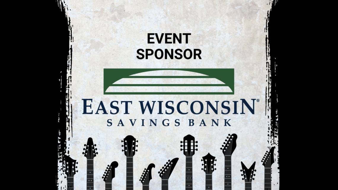 Promotional image for Electric City River Jam, a music event in Kaukauna, Wisconsin located at 100 Crooks Ave. The image features event logos, a mention of an event Sponsor East Wisconsin Savings Bank, and stylized guitar necks along the bottom.