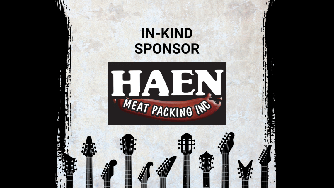 Promotional image for Electric City River Jam, a music event in Kaukauna, Wisconsin located at 100 Crooks Ave. The image features event logos, a mention of an in-kind sponsor Haen Meat Packing, and stylized guitar necks along the bottom.