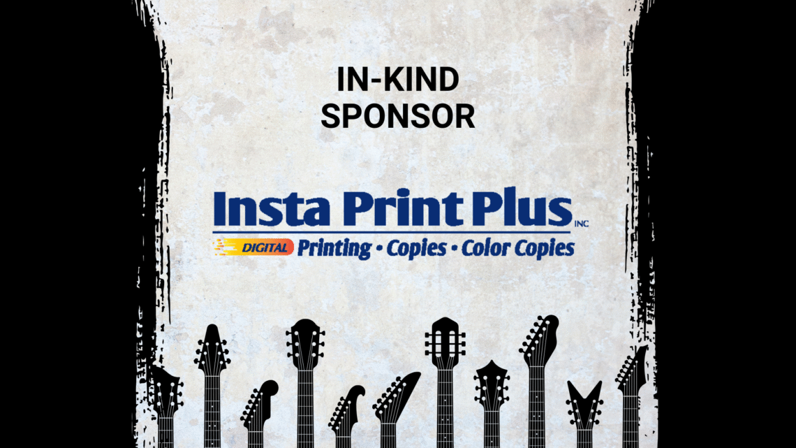 Promotional image for Electric City River Jam, a music event in Kaukauna, Wisconsin located at 100 Crooks Ave. The image features event logos, a mention of an in-kind sponsor Insta Print Plus, and stylized guitar necks along the bottom.