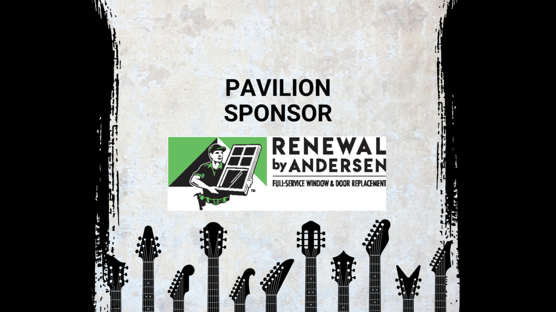 Promotional image for Electric City River Jam, a music event in Kaukauna, Wisconsin located at 100 Crooks Ave. The image features event logos, a mention of a Pavilion Sponsor, Renewal by andersen, and stylized guitar necks along the bottom.