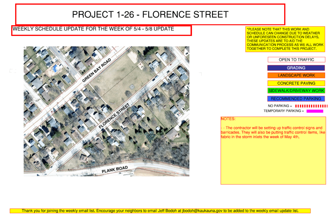 Image of a map for Project 1-26 weekly update for may 4-may 8 showing the work being done to Florence Street