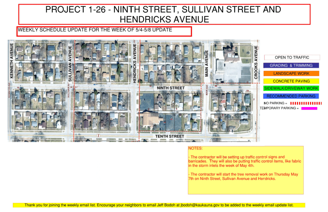 Image of a map for Project 1-26 weekly update for may 4-may 8 showing the work being done to Ninth Street, Sullivan Street, and Hendricks Ave
