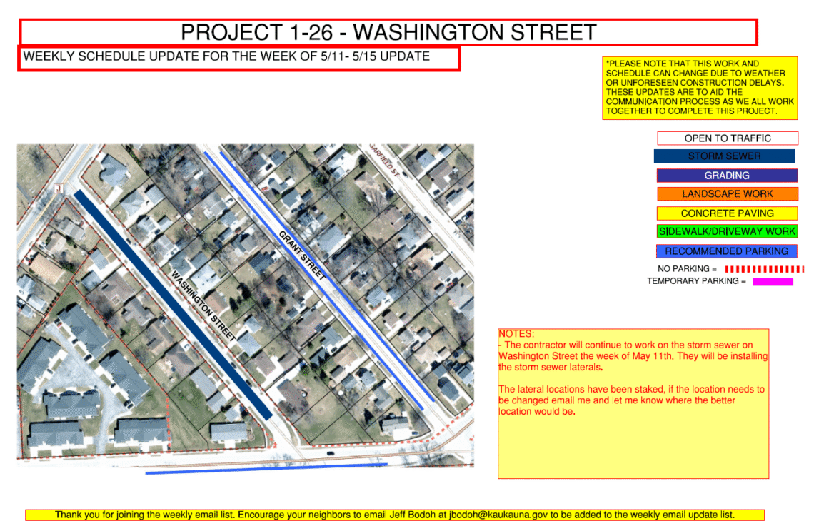 Image of a map for Project 1-26 weekly update for may 11 -may 15 showing the work being done to Washington Street and recommended parking on Grant Street.