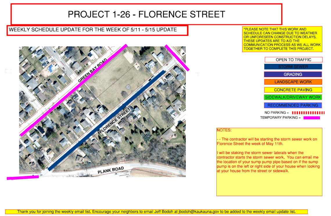 Image of a map for Project 1-26 weekly update for may 11- may 15 showing the work being done to Florence Street