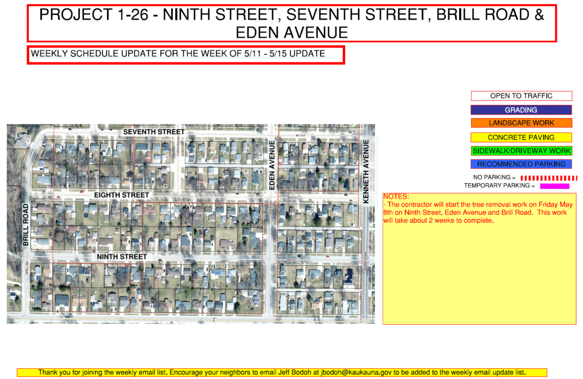 Image of a map for Project 1-26 weekly update for may 11 - May 15 showing the work being done to ninth street, seventh street, brill road, and eden ave