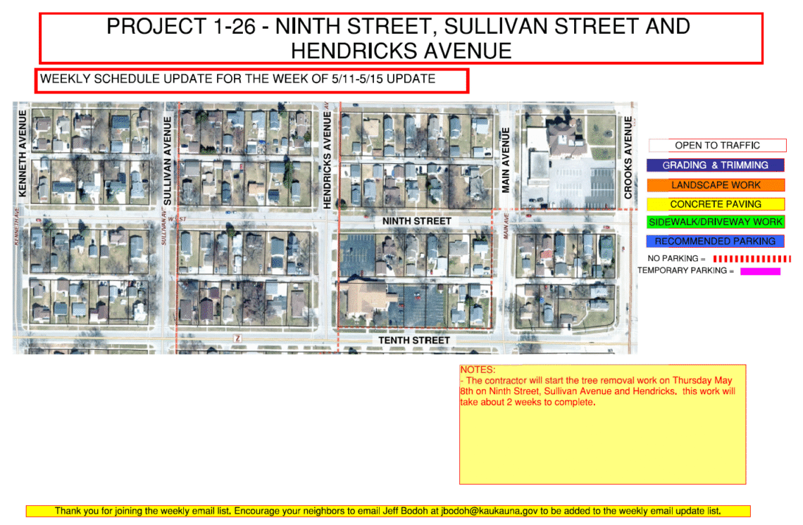 Image of a map for Project 1-26 weekly update for may 11 - May 15 showing the work being done to Ninth Street, Sullivan Street, and Hendricks Ave