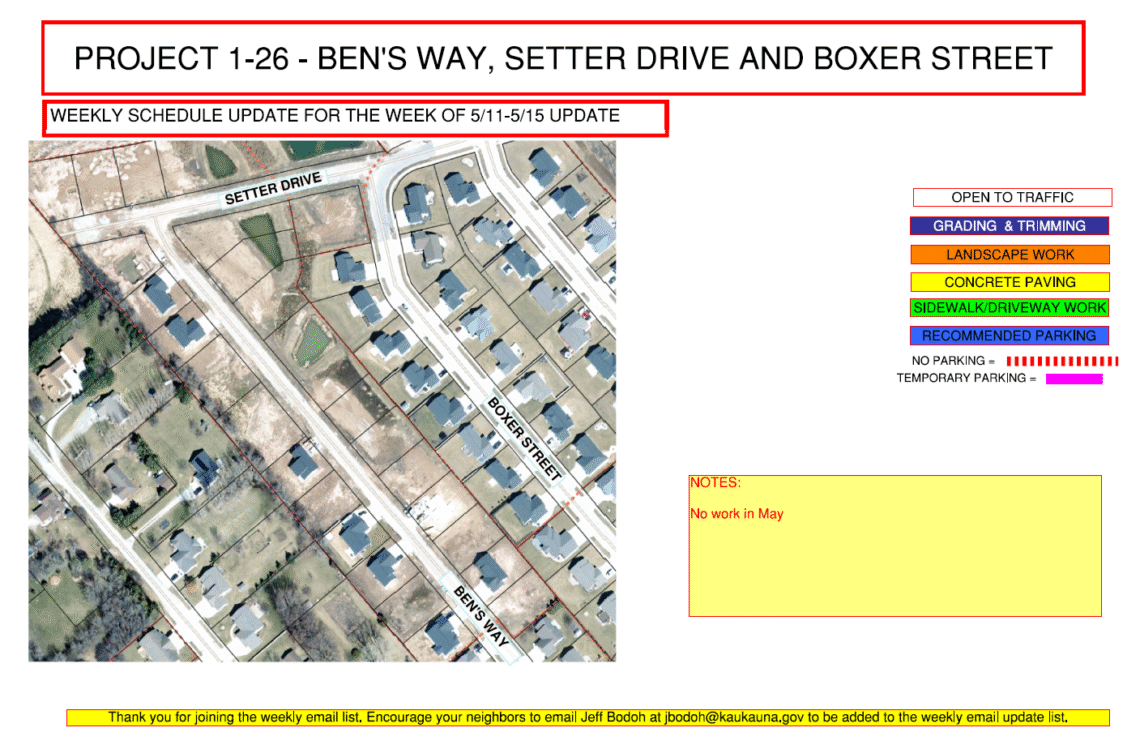 Image of a map for Project 1-26 weekly update for may 11 - may 15 showing Ben's Way, Setter Drive, and Boxer Street with a note that says no work in May