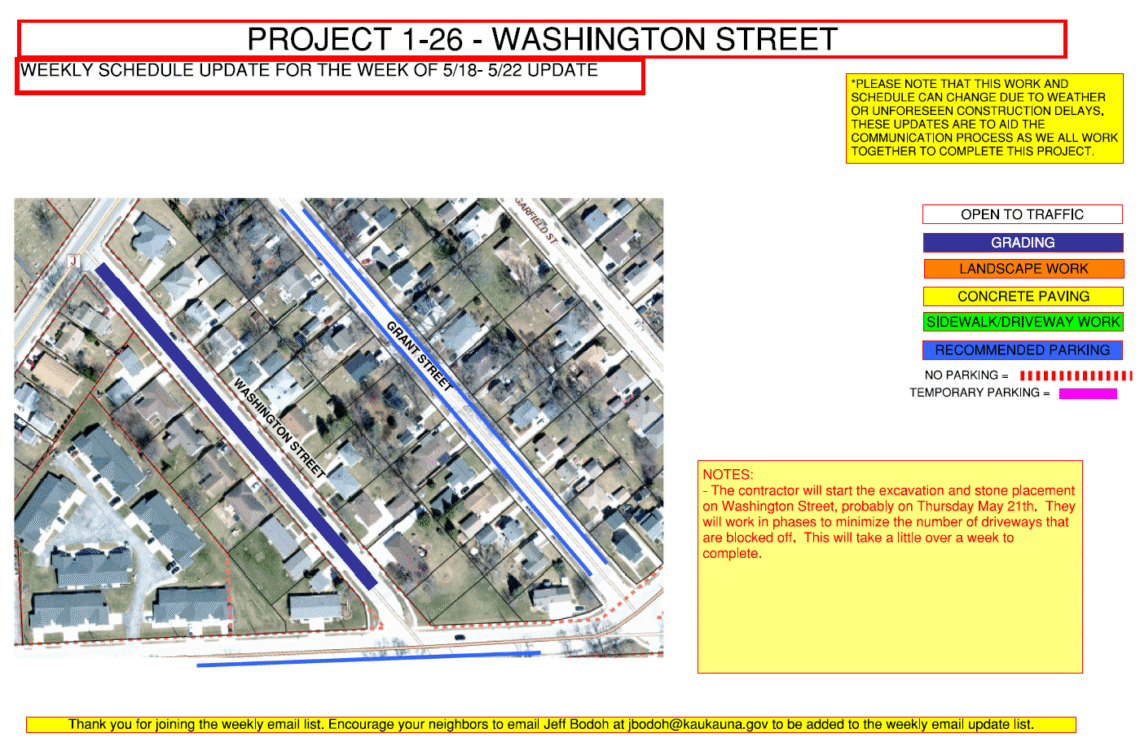 Image of a map for Project 1-26 weekly update for may 18 -may 22 showing the work being done to Washington Street and recommended parking on Grant Street.