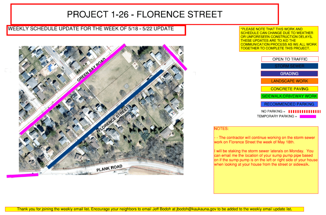 Image of a map for Project 1-26 weekly update for may 18- may 22 showing the work being done to Florence Street with temporary parking on Green Bay Road.