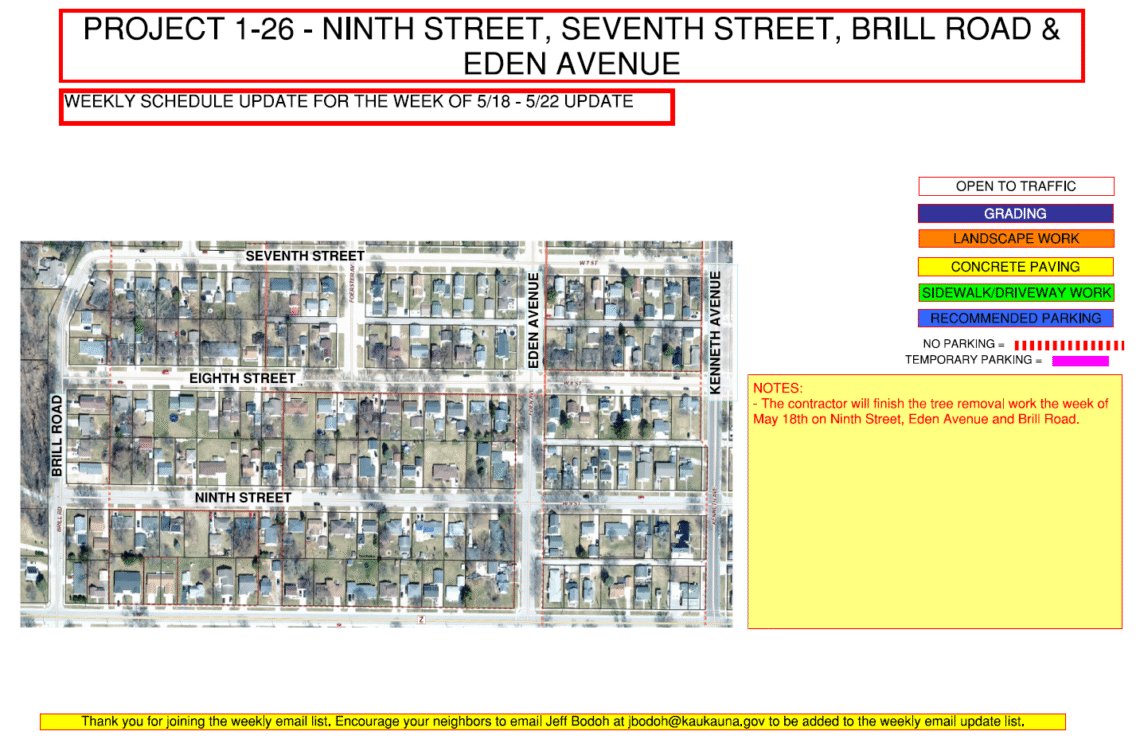 Image of a map for Project 1-26 weekly update for may 18 - May 22 showing the work being done to ninth street, seventh street, brill road, and eden ave