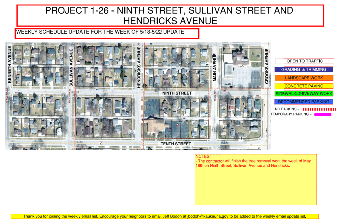 Image of a map for Project 1-26 weekly update for may 18 - May 22 showing the work being done to Ninth Street, Sullivan Street, and Hendricks Ave