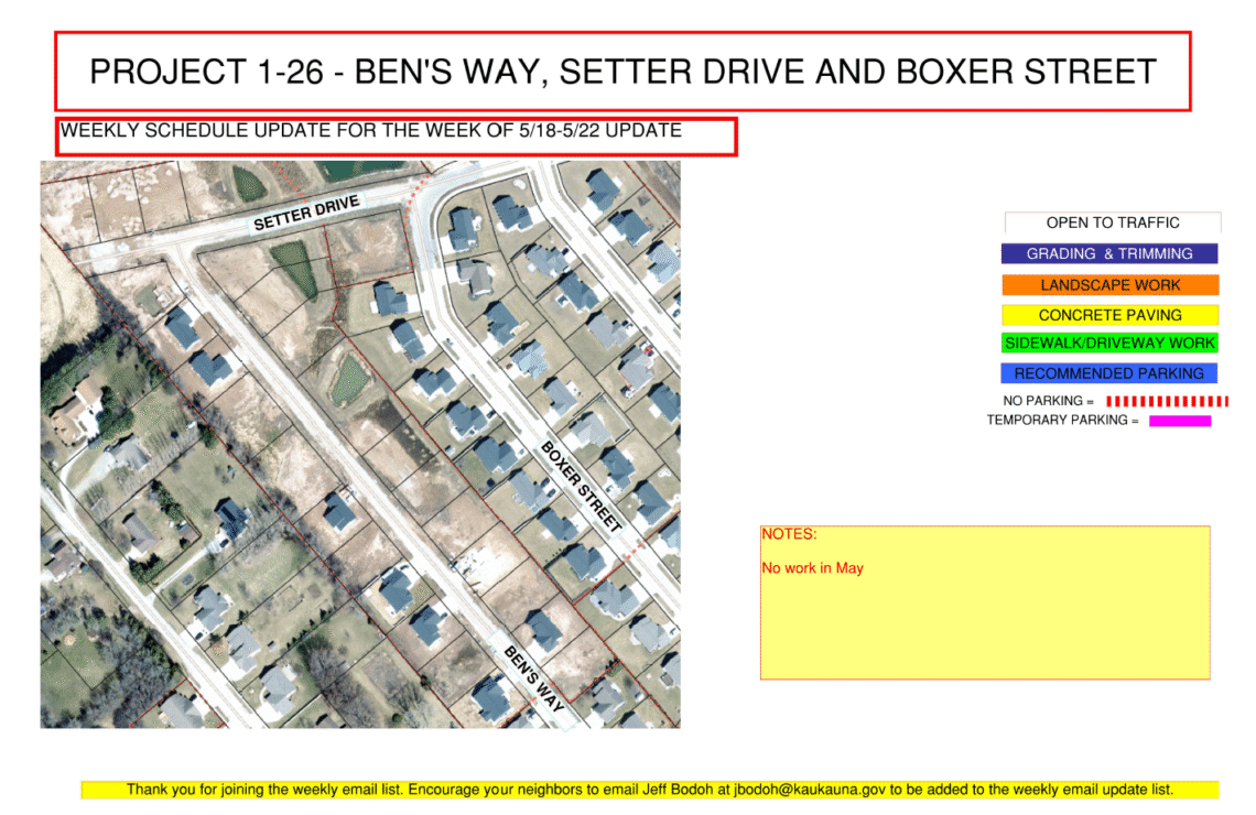 Image of a map for Project 1-26 weekly update for may 18 - may 22 showing Ben's Way, Setter Drive, and Boxer Street with a note that says no work in May