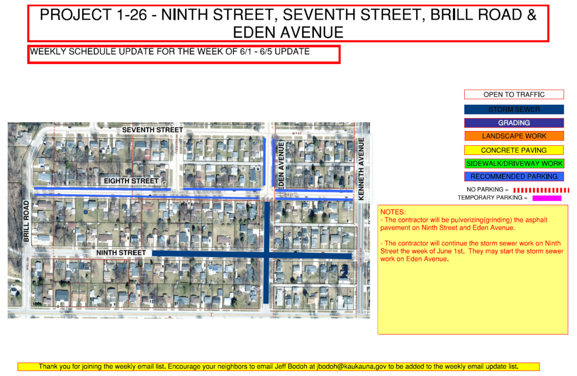 Image of a map for Project 1-26 weekly update for June 1-5 showing the work being done to ninth street, and eden avenue. Suggested parking on eighth street.