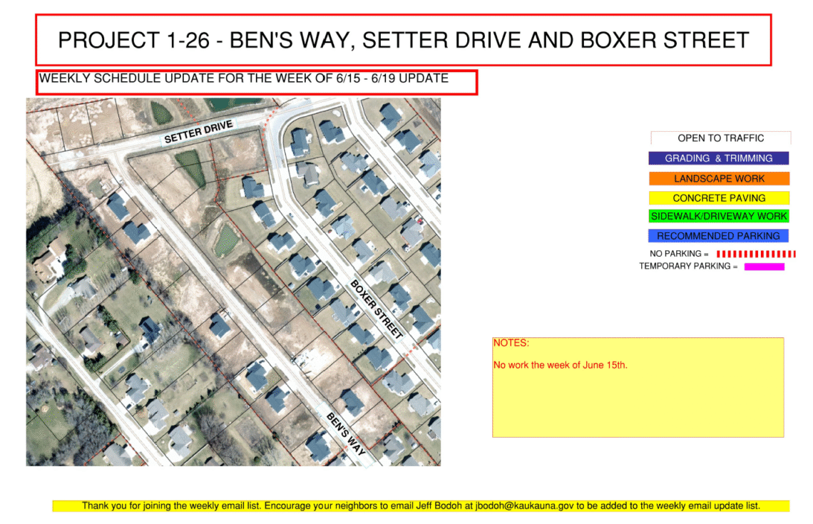 Image of a map for Project 1-26 weekly update for June 1-5 showing Ben's Way, Setter Drive, and Boxer Street with a note that says no work
