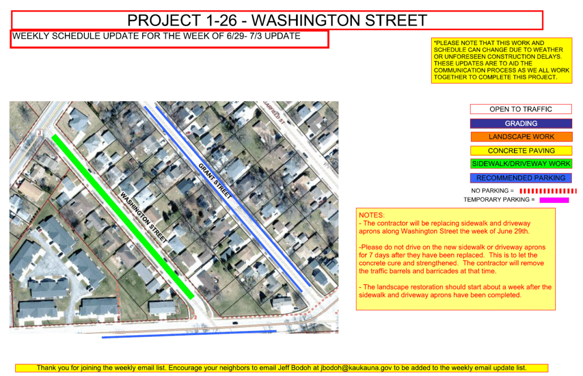 Image of a map for Project 1-26 weekly update showing the work being done to Washington Street and recommended parking on Grant Street.