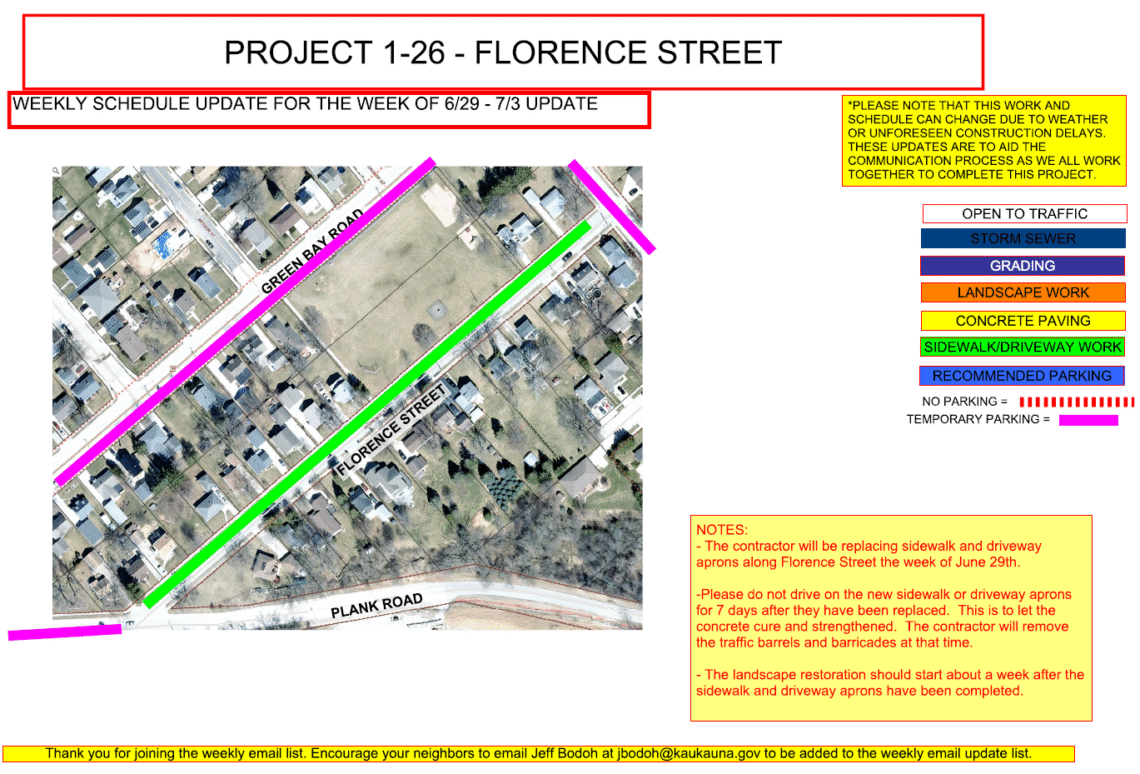 Image of a map for Project 1-26 weekly update showing the work being done to Florence Street with temporary parking on Green Bay Road.