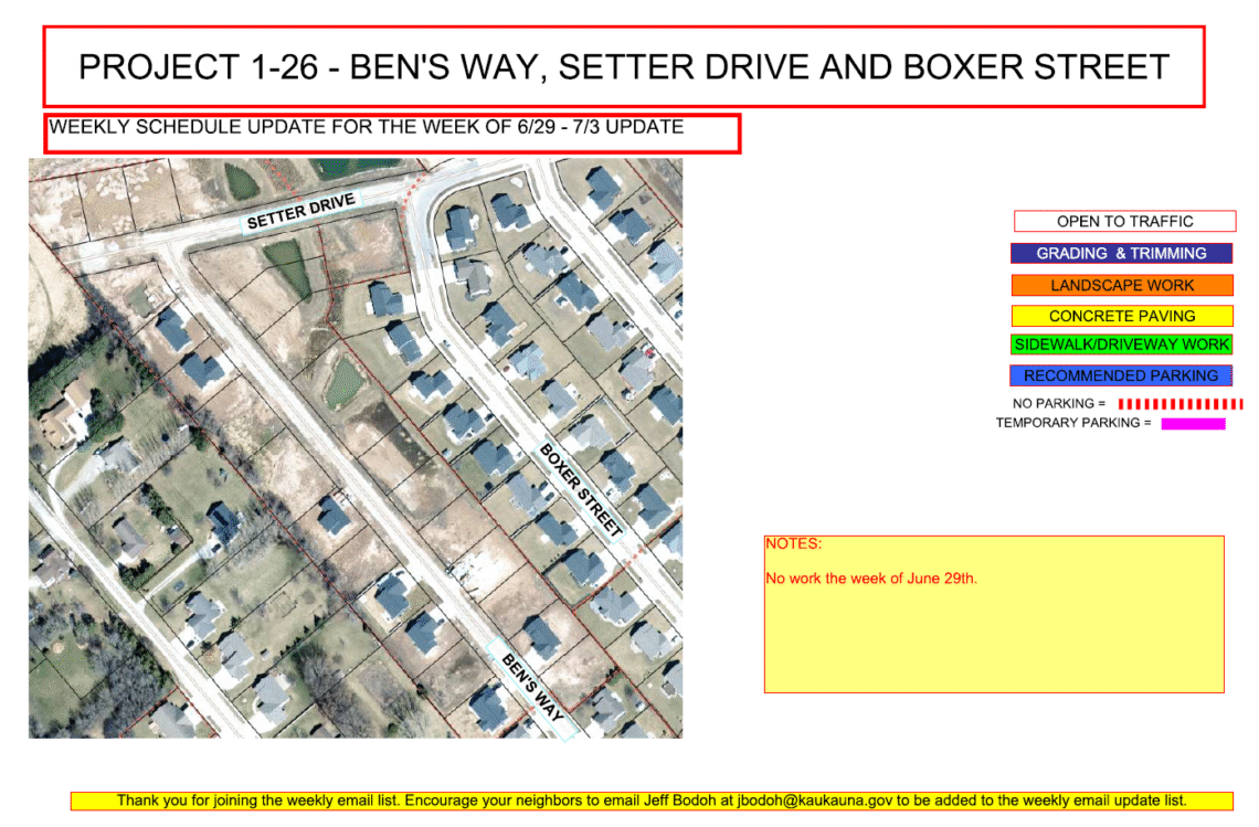 Image of a map for Project 1-26 weekly update showing Ben's Way, Setter Drive, and Boxer Street with a note that says no work