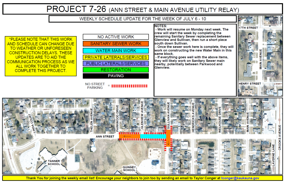 Image shows a map of work being done on Ann St. near Parkwood Drive, Glenview Avenue, and Sullivan Avenue.