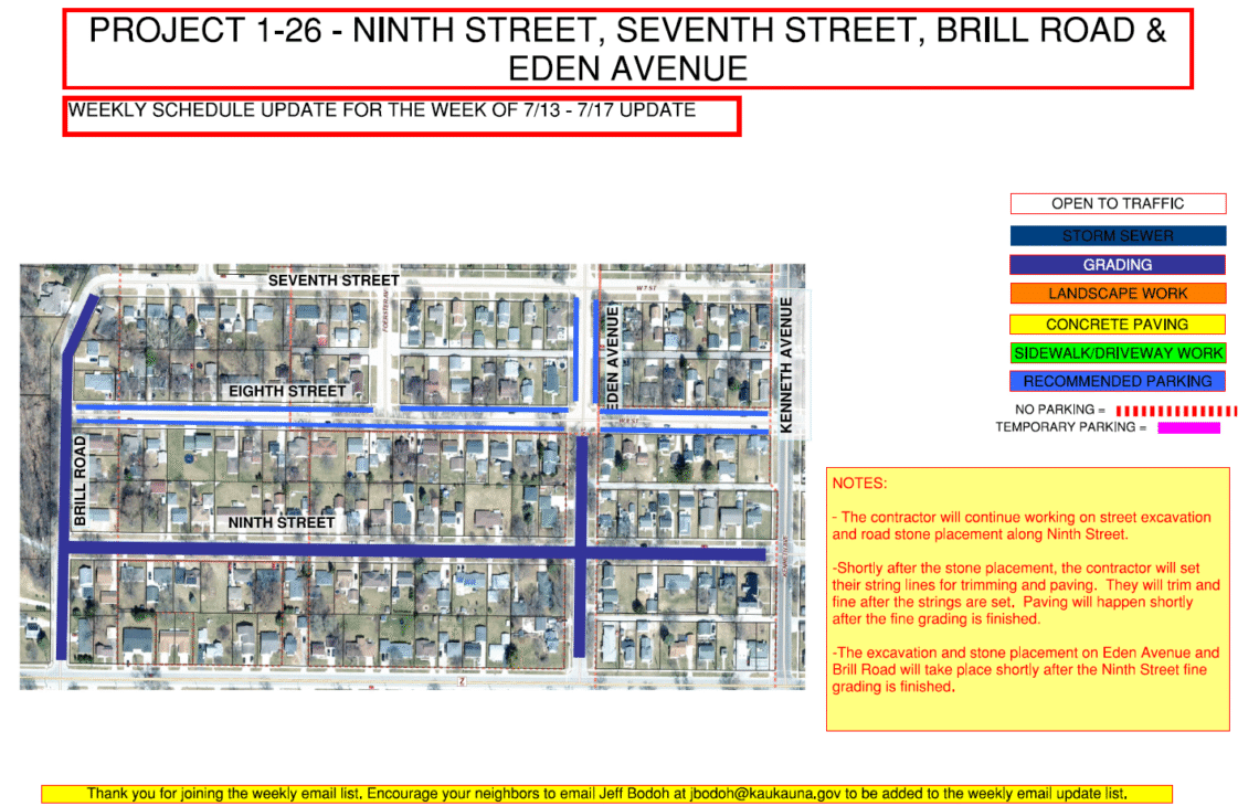 Image of a map for Project 1-26 weekly update showing the work being done to ninth street, and eden avenue. Suggested parking on eighth street.