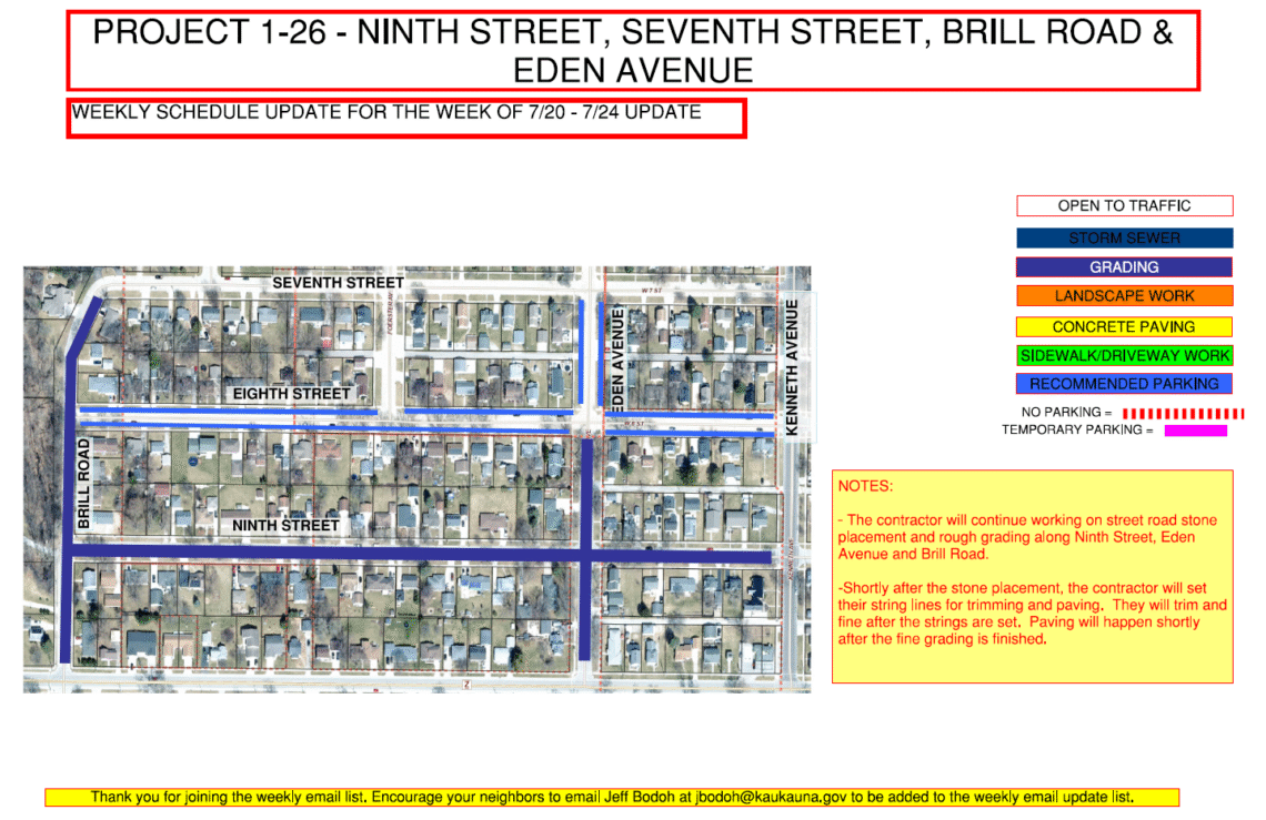 Map showing grading and trimming on on Brill Road, Ninth Street, and Eden Avenue. Recommended parking located on Eighth Street in the meantime