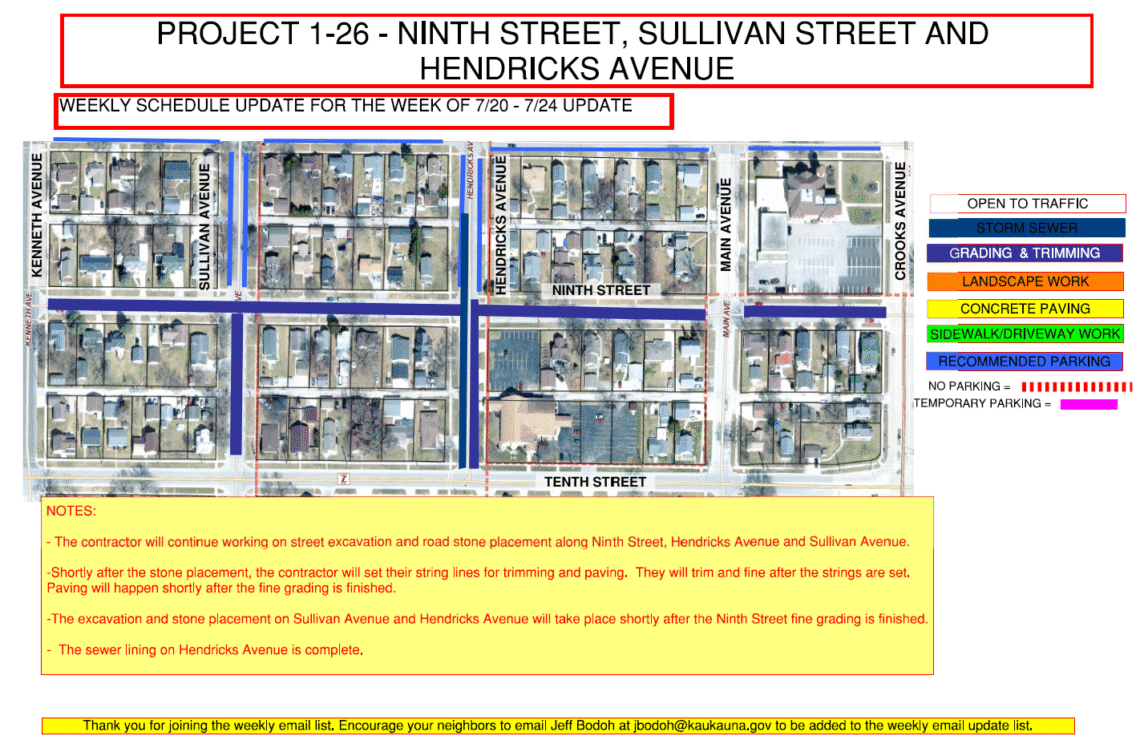 Map showing grading along Ninth Street, Sullivan Avenue, and Hendricks Avenue. Recommended parking located on 8th Street.