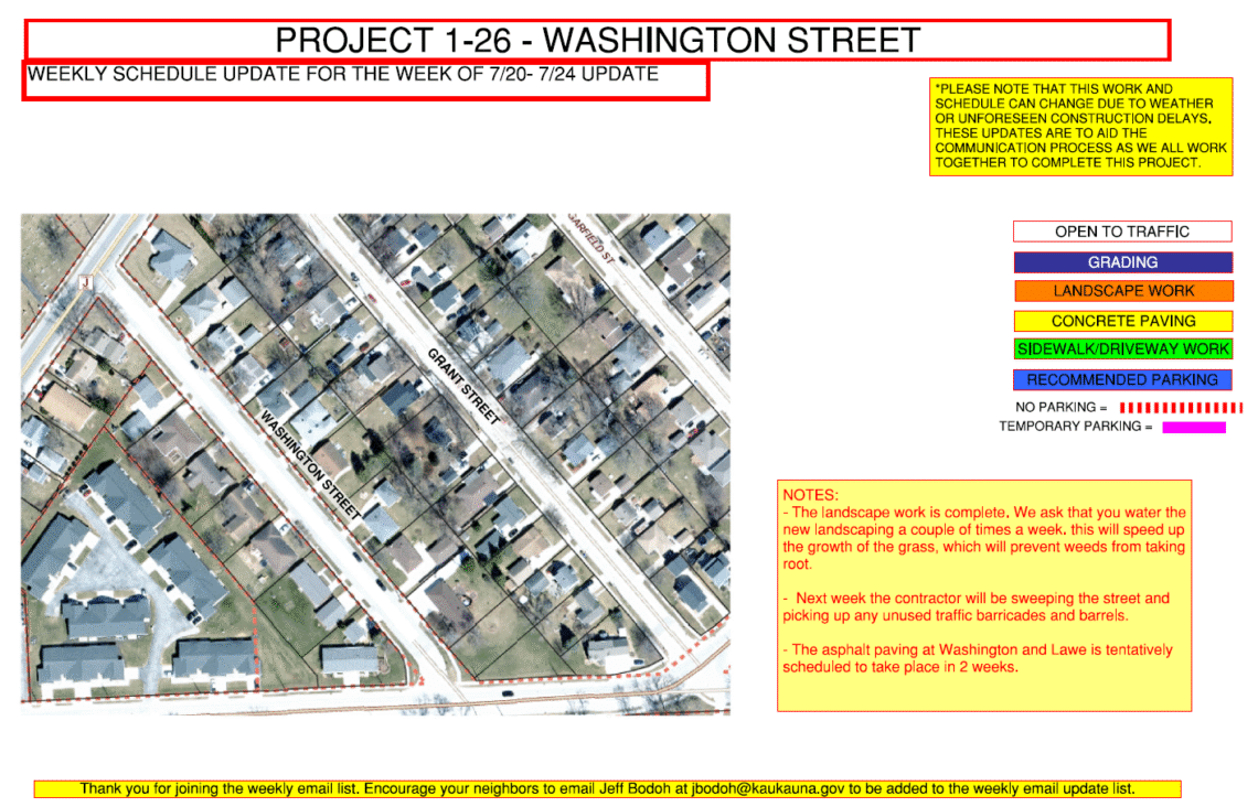map showing Washington Street open to traffic with a note that the asphalt paving is tentatively scheduled to take place in 2 weeks