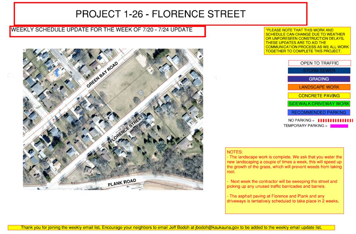 Map showing Florence Street open to traffic with a note that says asphalt paving at Florence and Plank and any driveways is tentatively scheduled to take place in 2 weeks