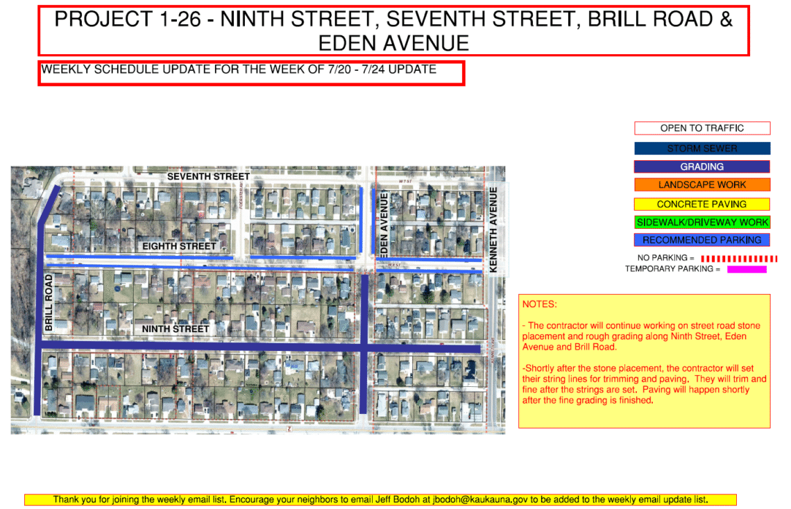 Map showing grading to be done along Brill Road, Ninth Street, and Eden Avenue with recommended parking on Eighth Street.