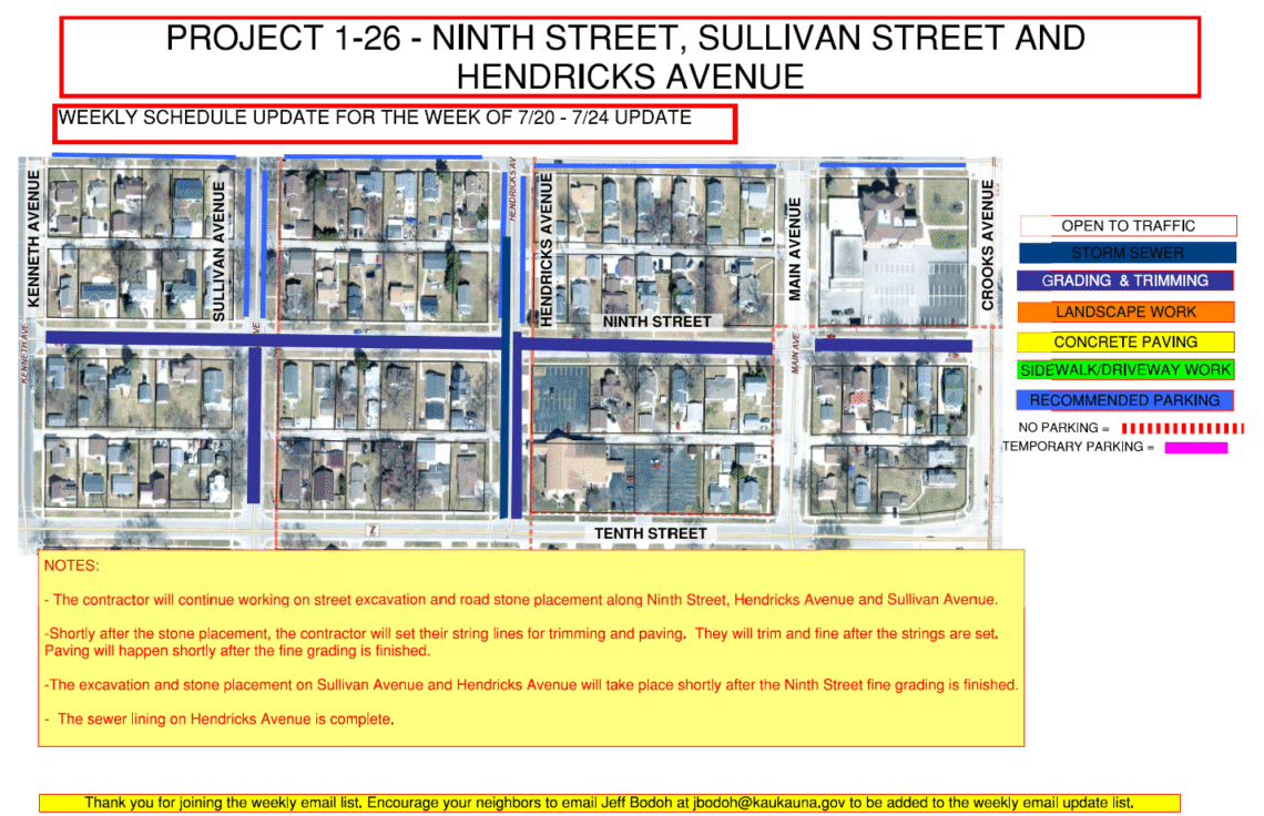 Map showing grading to be done on Ninth Street and Sullivan Avenue and Hendricks Avenue between Ninth Street and Tenth Street. Recommended parking on Sullivan Avenue Hendricks Avenue and Eighth Street