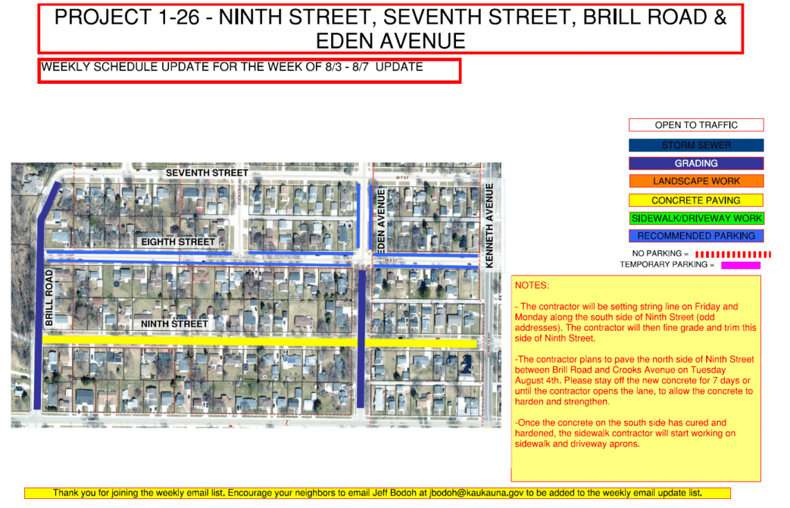 Map showing Grading along Brill Road and Eden Avenue, and Concrete paving on ninth Street.