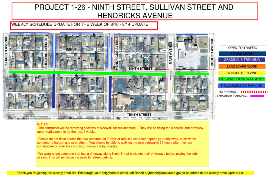 Map showing sidewalk/driveway work along ninth street and gradding work on Sullivan Ave and Hendricks Ave, both from ninth street to tenth street