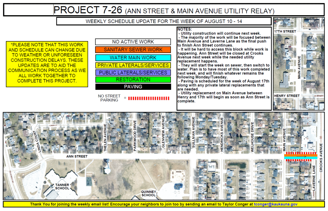 Map showing water main work and sanitary sewer work between main avenue and crooks avenue