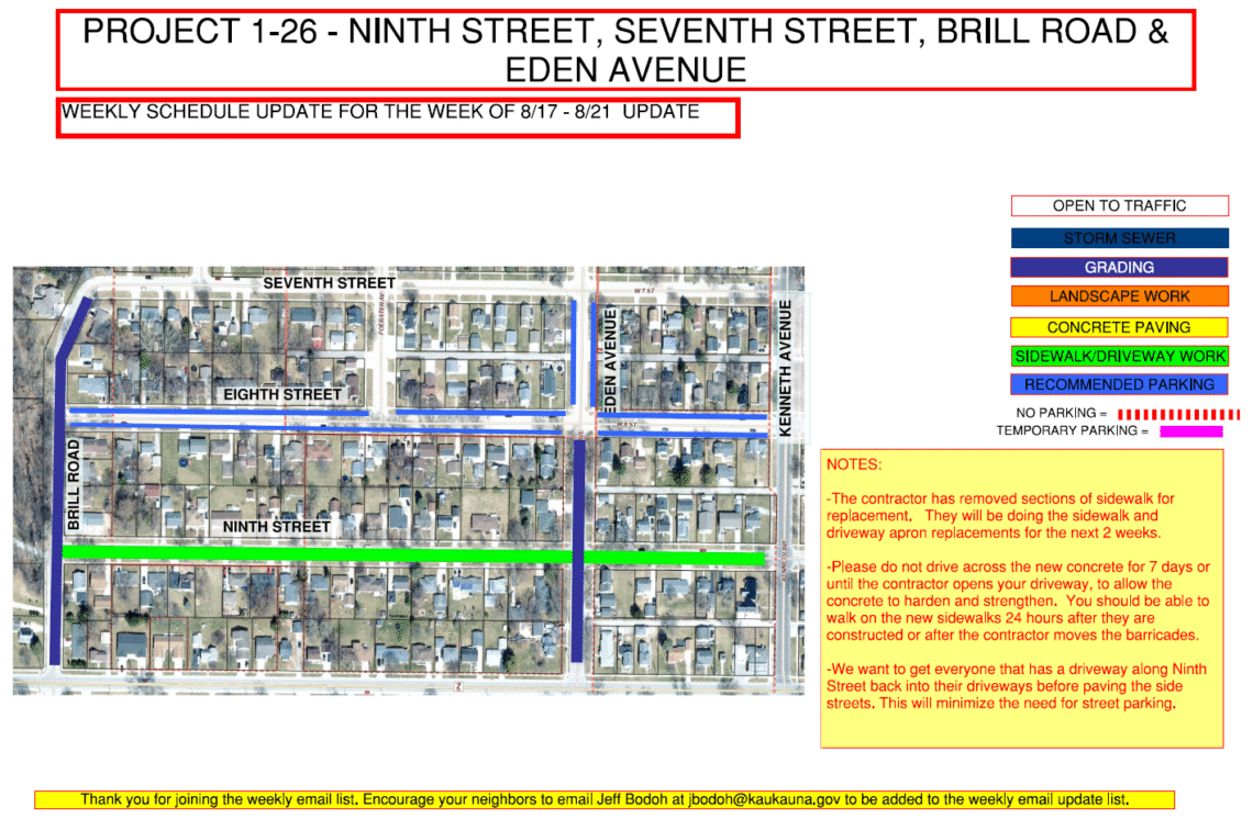 Map showing grading work on brill road and eden avenue and Sidewalk/driveway work to be done on ninth street
