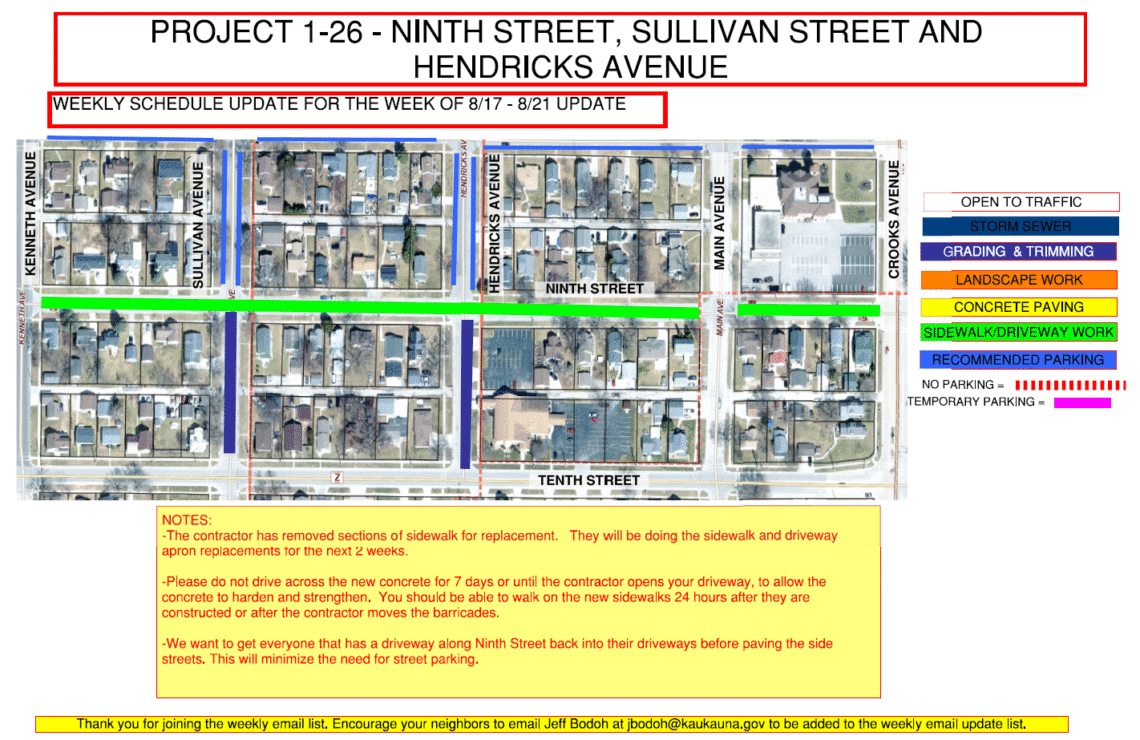 Map showing grading work to be done on Sullivan Ave and Hendricks Ave between ninth street and tenth street, and sidewalk/driveway work to be done on ninth street.