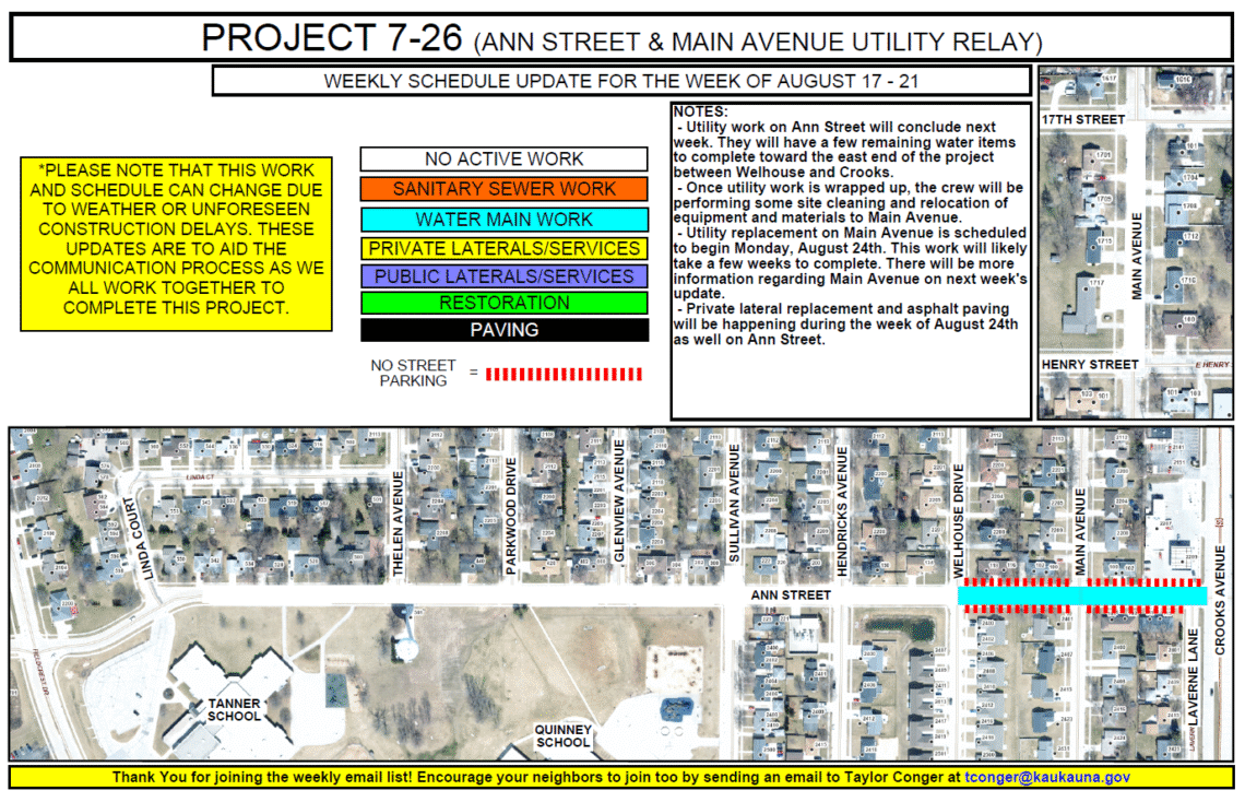 map showing water main and sanitary sewer work on Ann St. between Wellhouse ave and Crooks Ave.