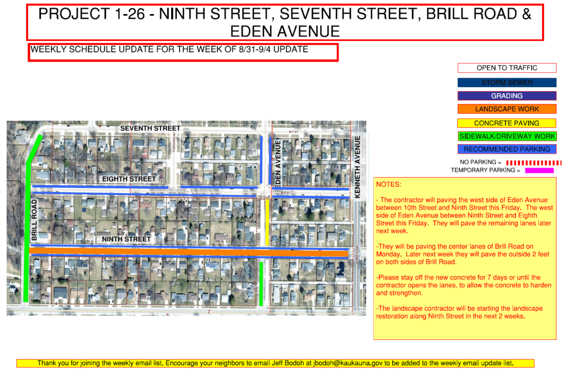 Map showing sidewalk and driveway work on Brill Road and a portion of Eden Avenue. Map also shows Landscape work on Ninth Street and concrete paving on portion of Eden avenue.