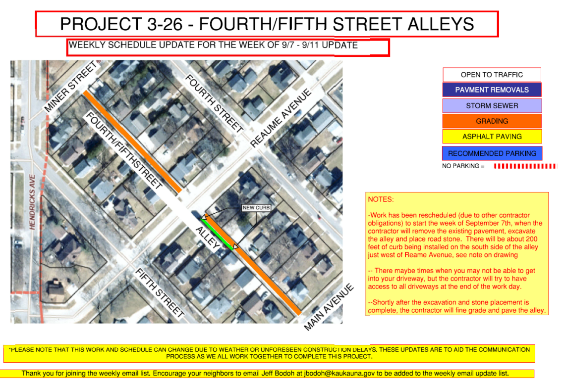 Map showing grading on fourth/fifth street alley with new curb work on a small portion between Reaume Ave and Main Ave