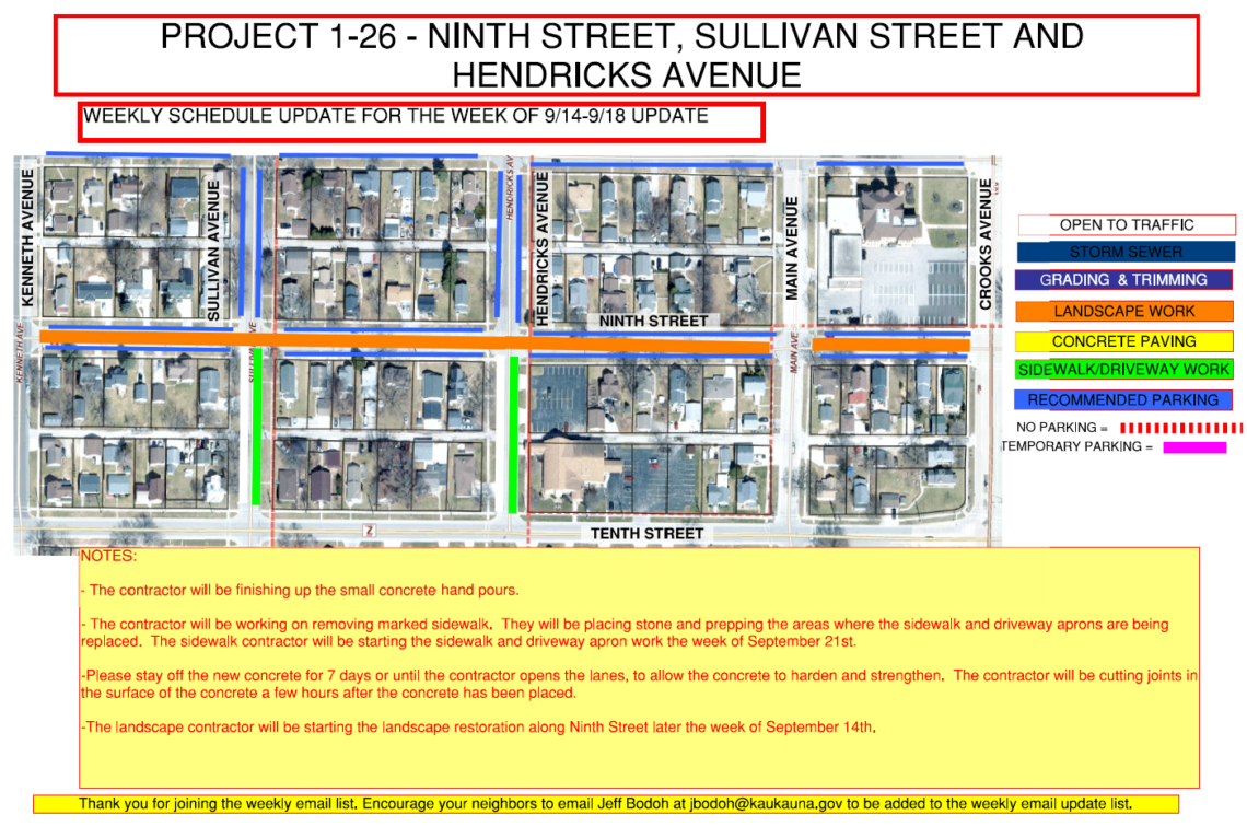 Map showing Sidewalk/driveway work along sullivan ave and hendricks ave between tenth Street and ninth street and landscape work between Kenneth Ave and Crooks Ave