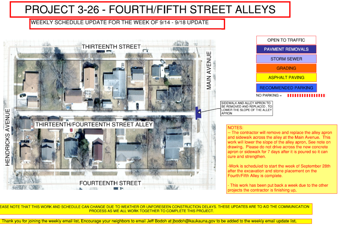 Map showing the sidewalk and alley apron to be removed and replaced on the 13th / 14th street alley and Main Avenue