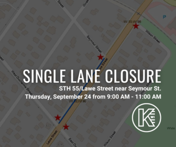 Map showing a single lane closure on STH 55/Lawe Street near Seymour Street, highlighted with a blue and red line. Red stars indicate key points along the route. Closure information states: Thursday, September 24 from 9:00 AM - 11:00 AM. The Kaukauna logo is in the bottom right corner.