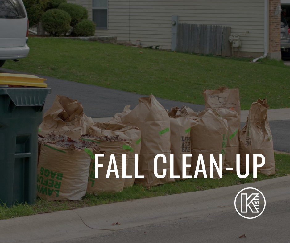 Picture showing yard waste bags waiting for pick up with the words fall clean up and the City of Kaukauna Logo on the bottom