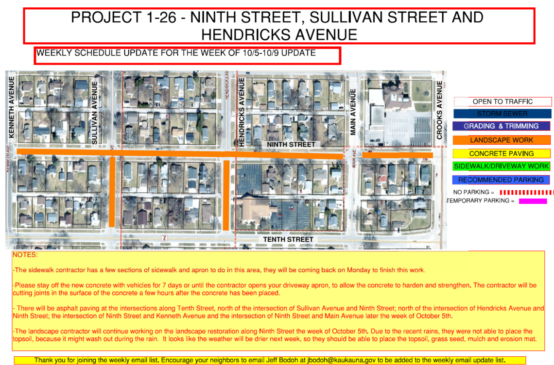 Map showing Landscape work going along Ninth Street, and a portion of Sullivan Ave and Hendricks Ave from Ninth Street to Tenth Street.